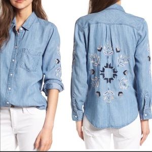 Rails Smith Phoenix Embroidered Chambray Denim Button Shirt Top Size S